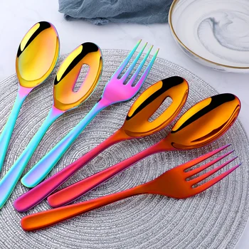 

3pieces Colorful Gold Flatware 18/8 Stainless Steel Serving Spoon Fork Spork Set Big Size Salad Serving Spoons Kitchen Utensils