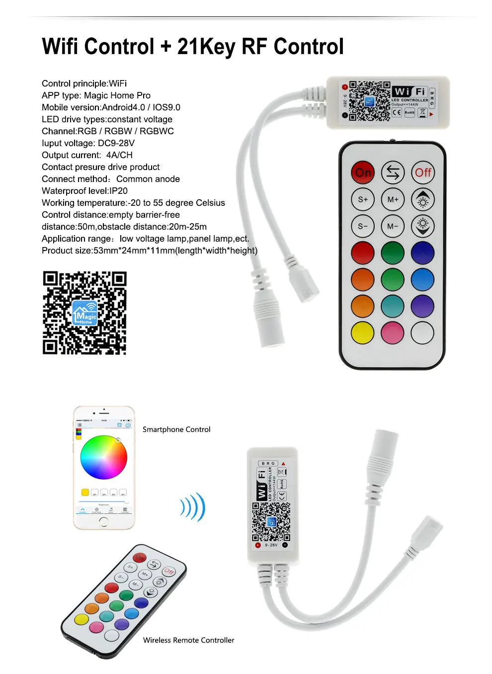 Светодиодный wifi контроллер rgb контроллер 24Key IR RF пульт дистанционного управления 5Key 18A RGB музыкальный звуковой светильник для RGB светодиодной ленты