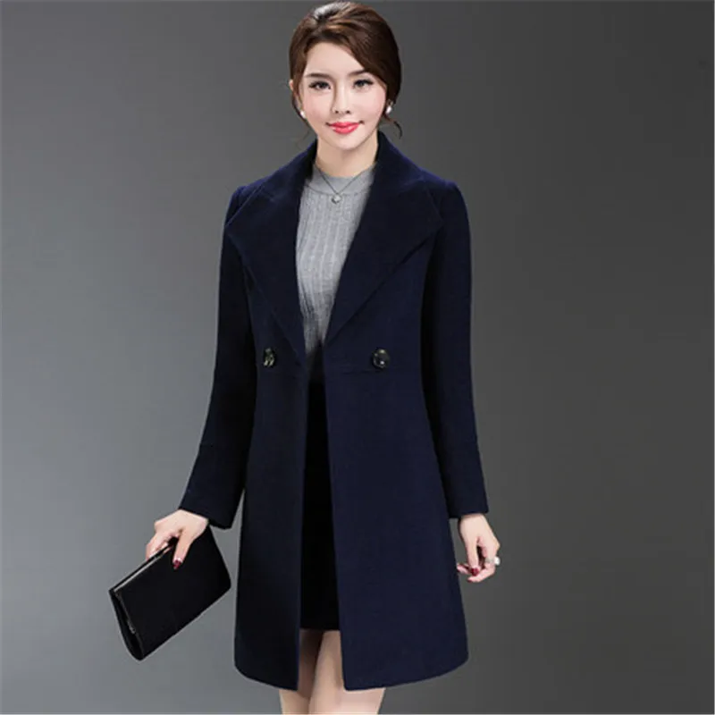 Women's Loose Plus Size Clothing Autumn Winter Fashion Turn Down Collar Double-breasted Slim Wool Trench Coat Jacket XH598 - Цвет: Тёмно-синий