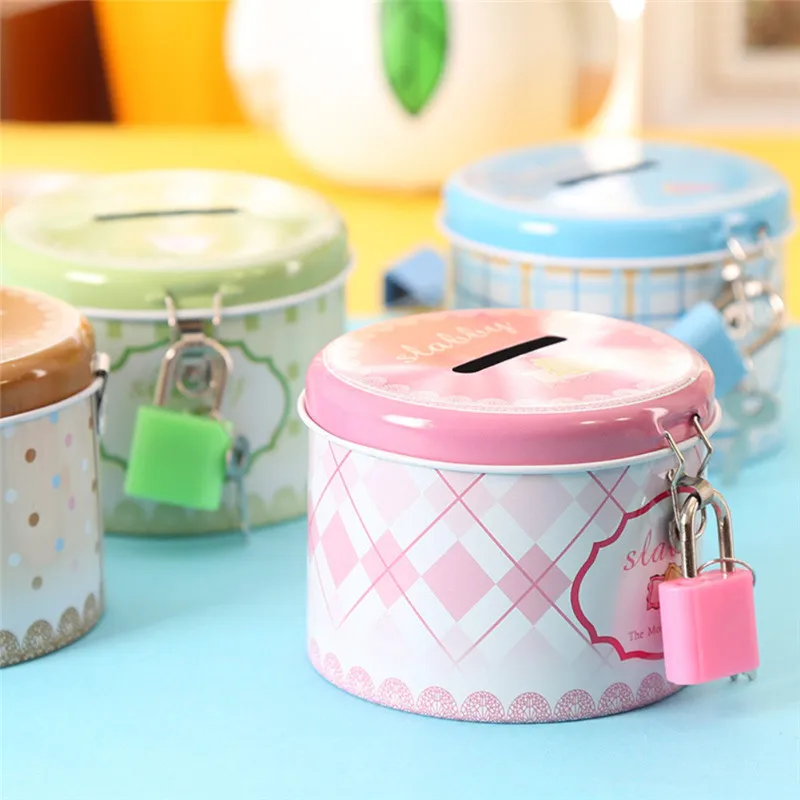 

1PC Round Cute Coin Box Piggy Bank Money Box with Lock and Key Metal Cartoon Birthday Gift Money Safe
