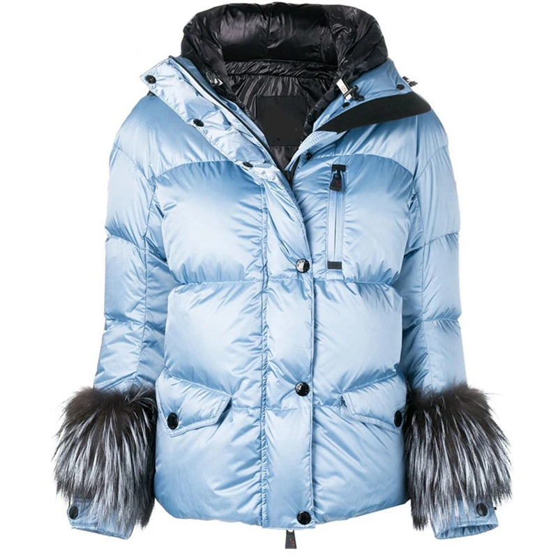 Winter Coat Women Parka 2018 Light Blue Double Hooded Grosgrain Thick