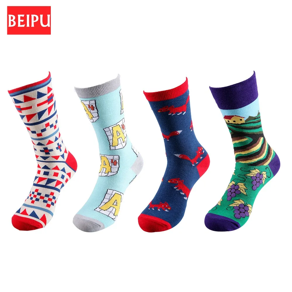 BEIPU брендовые качественные счастливые мужские носки в полоску клетчатые гетры мужские чесаный хлопок Calcetines Largos Hombre в наличии
