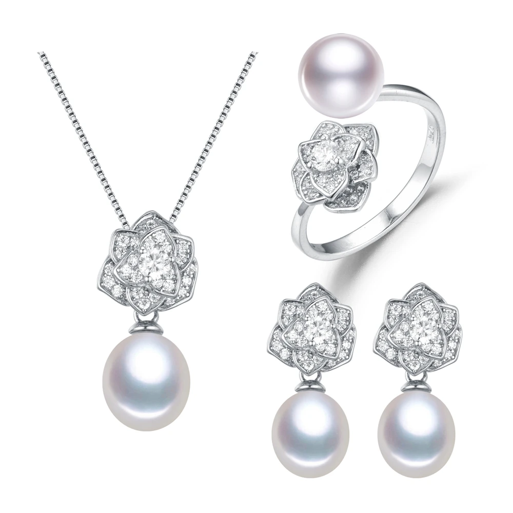 

SNH AAA 8-9mm drop freshwater pearl 925 sterling silver Pendant Earrings Ring set natural pearl jewelry sets free shipping