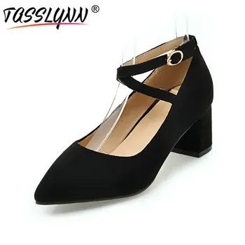 

TASSLYNN 2019 Women Pumps Pointed Toe Sweet Ankle Strap Autumn Shoes Buckle Strap Flock Square High Heels Shoes Size 34-43
