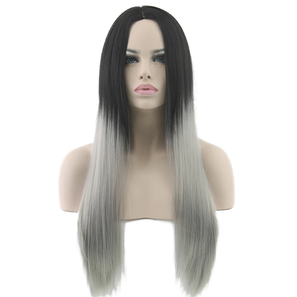 Black To Grey Hair Straight Long Wigs White Synthetic Hair Heat