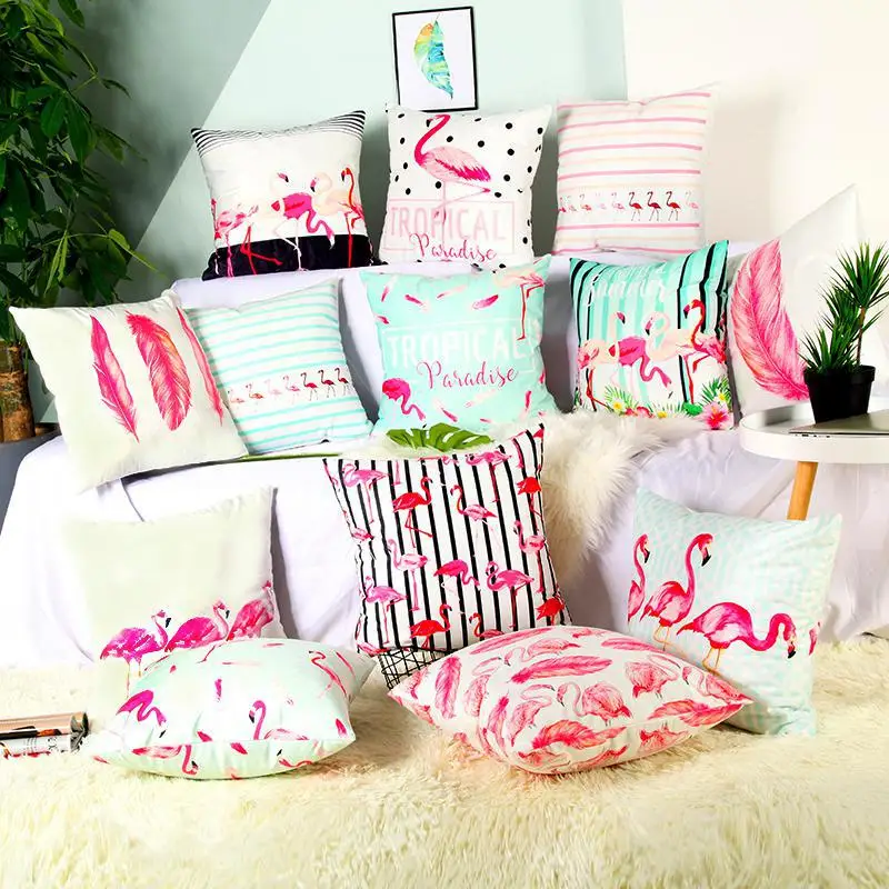 Summer Style Pink Pillow Case Flamingo Feathers Flower Tropical Paradise Green Leaves Plant Cushion Cover For Home Accessories | Дом и сад