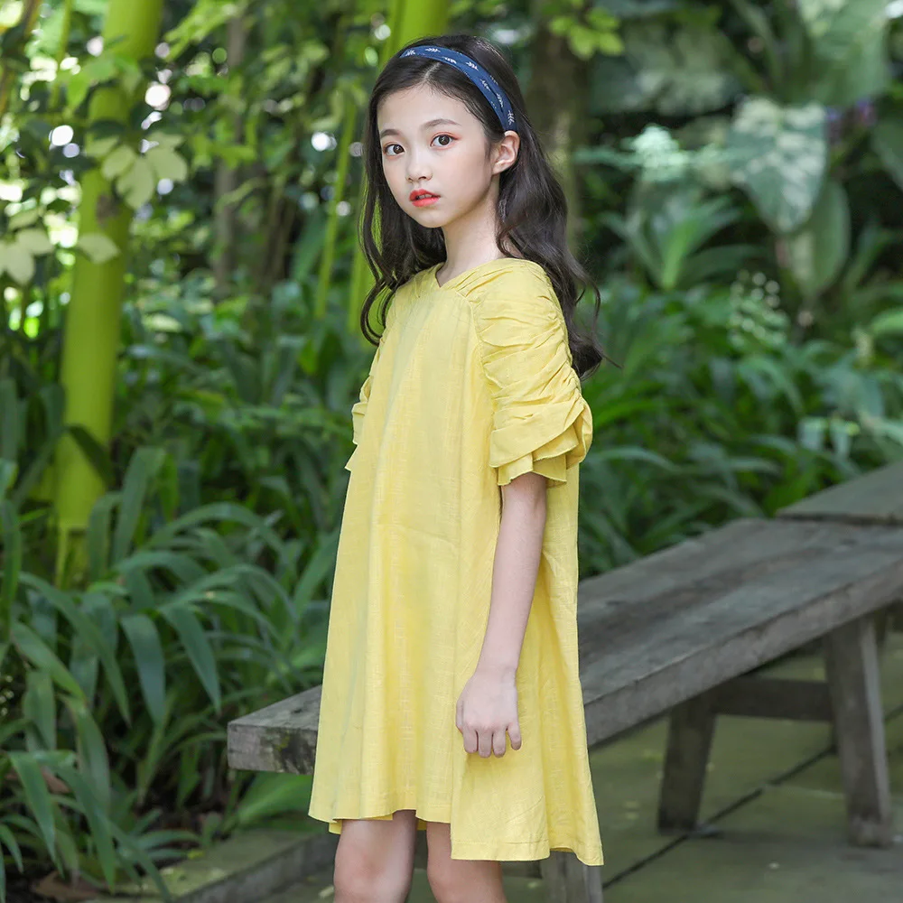 

2019 Style New Cute Cotton Hemp Girls dresses Yellow Ruched V-neck Mini Princess Dress