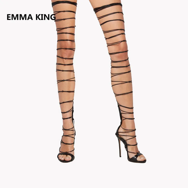 

New Black Sexy Women Summer Over The Knee Long Boots Open Toe Cut-Out Runway Ladies High Heel Shoes Woman High Gladiator Sandals