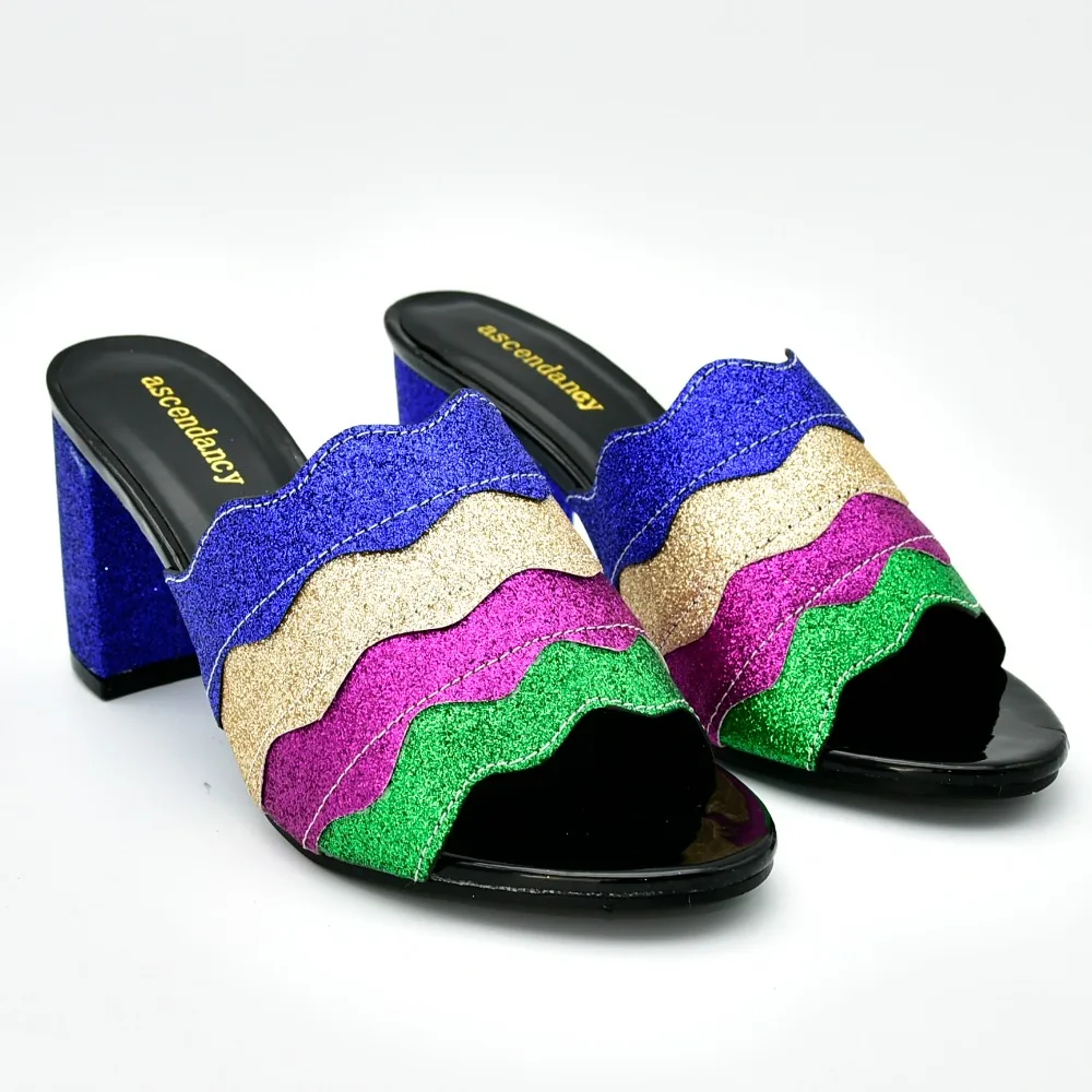 

2019 fashion royal blue contrast color sandal shoes slipper women comfortable shoes with 3 inches heel for party shoes SS012-2