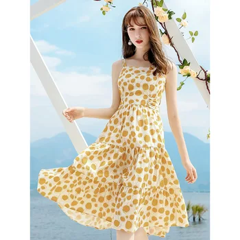 

Strap Dress 2019 Summer New Style Brand Women Printed Woven Was Thin Temperament Sexy A-line dress