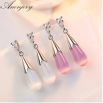 

Anenjery Silver Color Moonlight Opal Water Drop Zircon Stud Earrings For Women pendientes S-E463