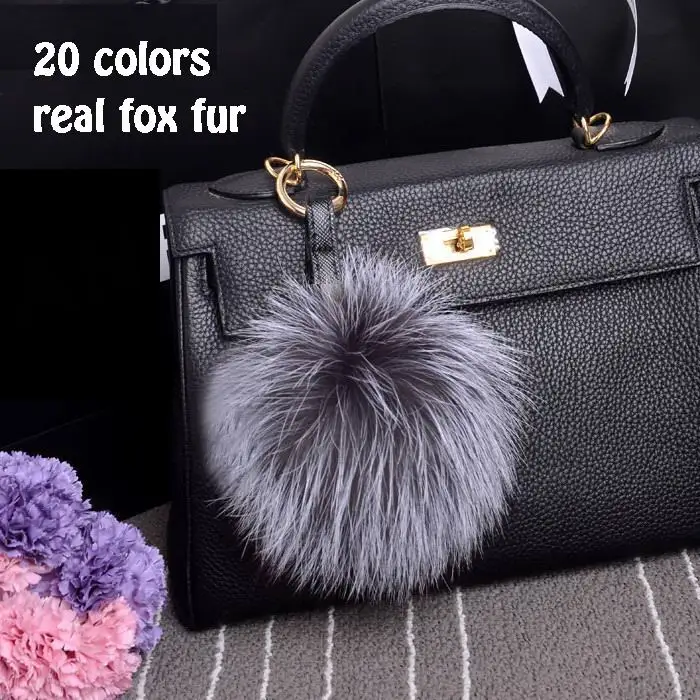 20 colors Fluffy Genuine Fox Fur Pom Poms Handmade Leather Strap Bag Charm Keychain Pompom Key Chain Holder Ring Luxury Gift