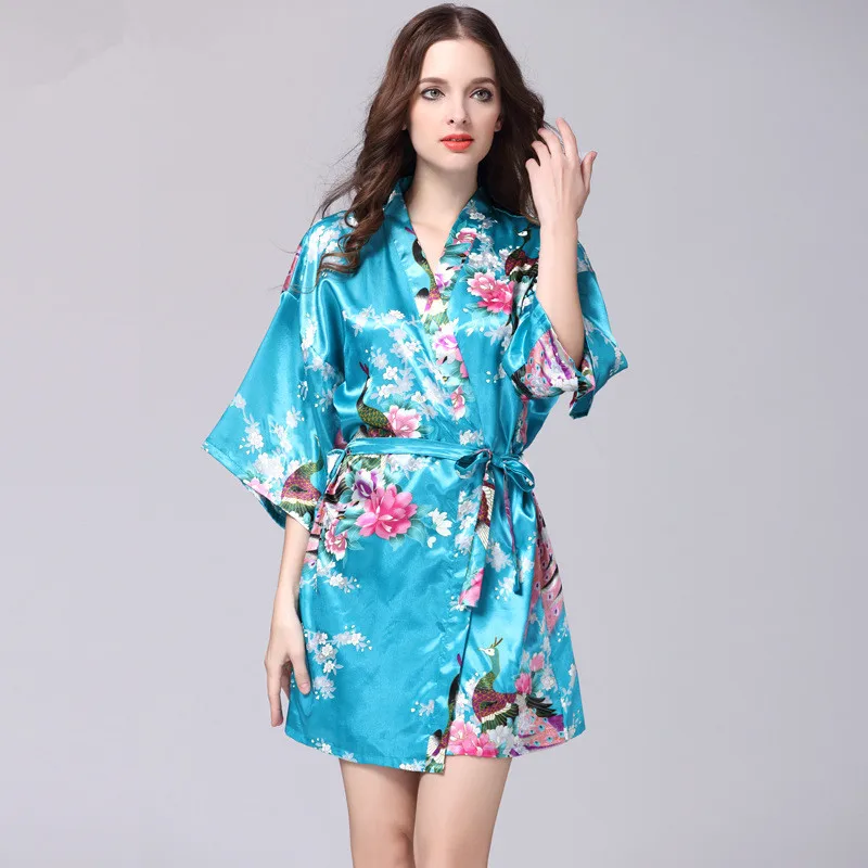 Бренд золото женский с цветочным принтом кимоно платье Китайский Стиль Silk Satin Robe ночная рубашка цветок размеры S M L XL XXL, XXXL - Цвет: lake blue