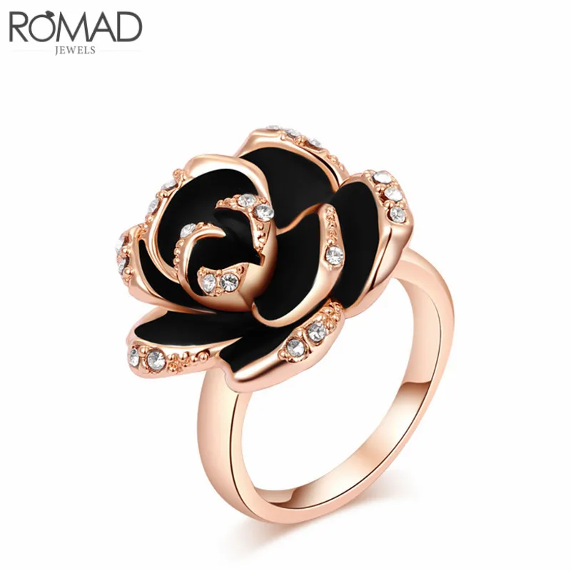 

ROMAD Hotting Sale Jewelry Ring With Rose Gold Color Austrian Crystal Black Enamel Flower/Wedding Ring For Women Y3