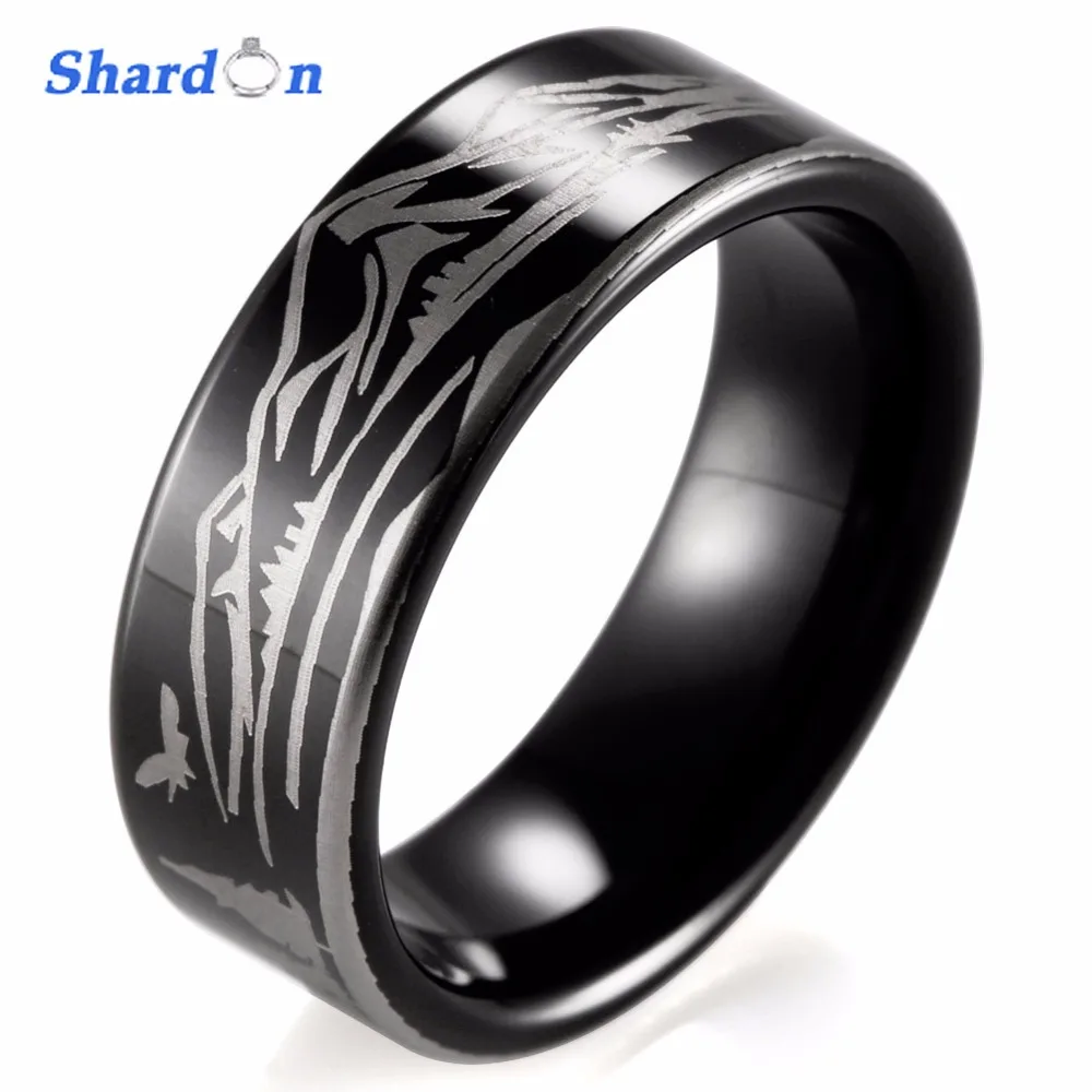 

SHARDON Wedding & engagement jewelry IP black plated Men's Tungsten ring Laser Mountain and Bear unique Engagement ring