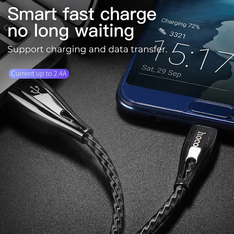 HOCO الفولاذ المقاوم للصدأ كابل يو اس بي ل فون XR Xs ماكس X 7 6 8 2.4A سريع شحن المصغّر usb نوع C المحمول الهاتف كابل بيانات الحبل