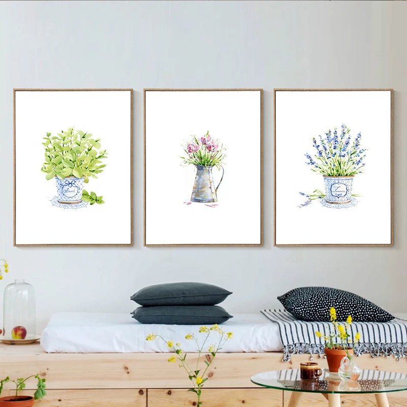 Nordic-Americano-Rural-Vaso-de-Planta-Verde-Fresco-Aquarela-Pintura-Da-Lona-Da-Flor-Da-Alfazema