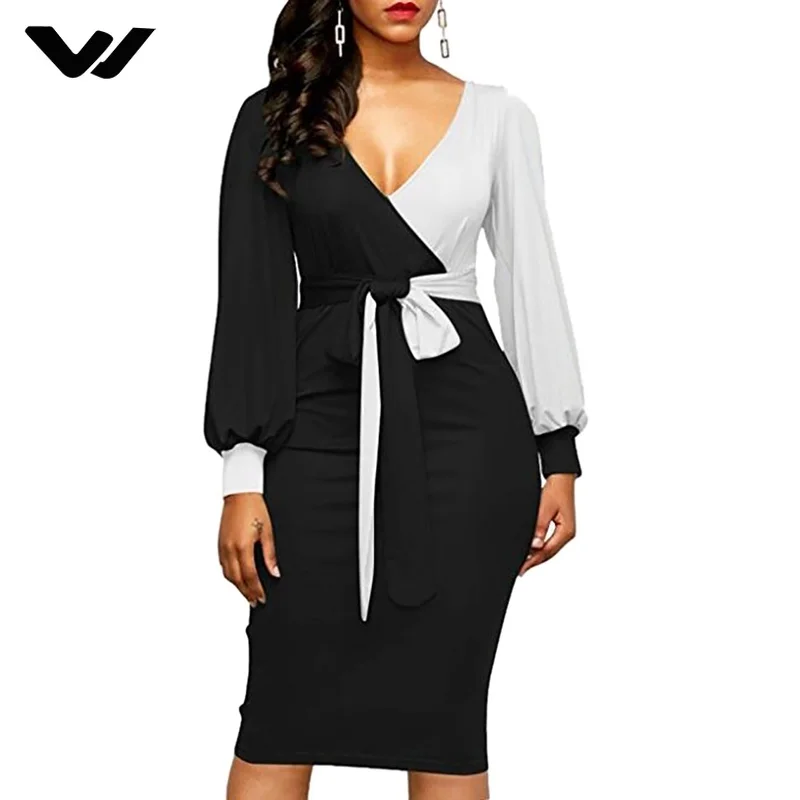 2018 осень Для женщин Бандажное платье Цвет лоскутное Фонари рукавом Bodycon Вечерние