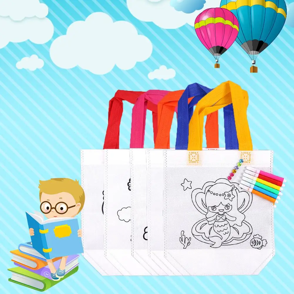 

10 PCS Per Set DIY Children Hand Painting Handheld Canvas Bag Handmade Graffiti White Graffiti Material With Different Patterns