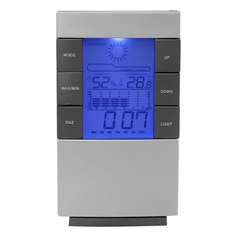 

LCD Digital Hygrometer Thermometer Weather Station Time Clock Indoor Outdoor Temperature Humidity Meter with Blue LED Backlight