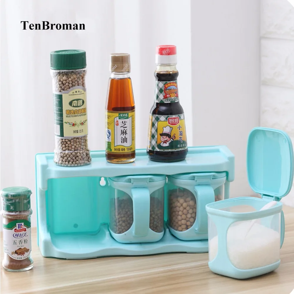 

TENBROMAN 3 Pieces/Set Clear Seasoning Rack Spice Pots Storage Container Condiment Jars With Cover and Spoon