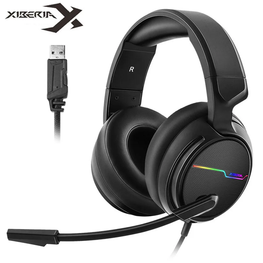 Xiberia V20 USB 7,1, наушники с объемным звуком, игровые наушники с басами для компьютера, ноутбука, ноутбука, ПК, геймера, наушники с микрофоном, светодиодный