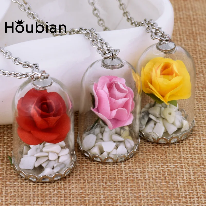 

Houbian Glass Vial Dried Flower Pendant Necklace Beauty Red Roses Necklace for Christmas Gifts