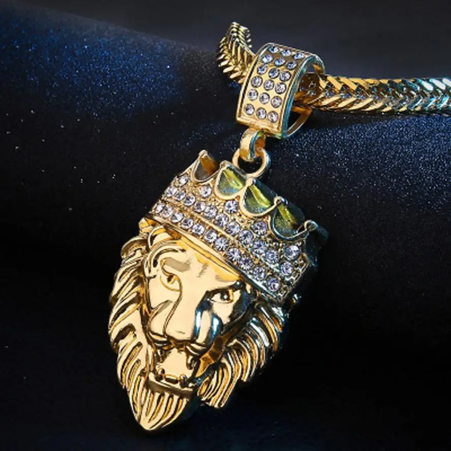 

free shiping Fashion Mens Necklace Personality Full Iced Out Rhinestone Lion Tag Cuban Chain Pendant Delicate Jewelry Gift Oct9