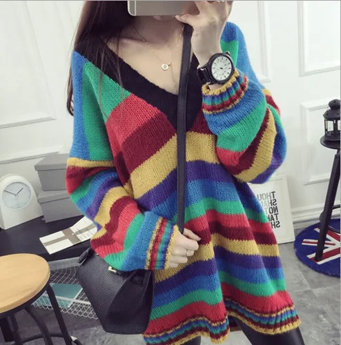 Thick Women Sweaters and Pullovers Striped Coat Office Lady V Neck Patchwork Jumper | Женская одежда