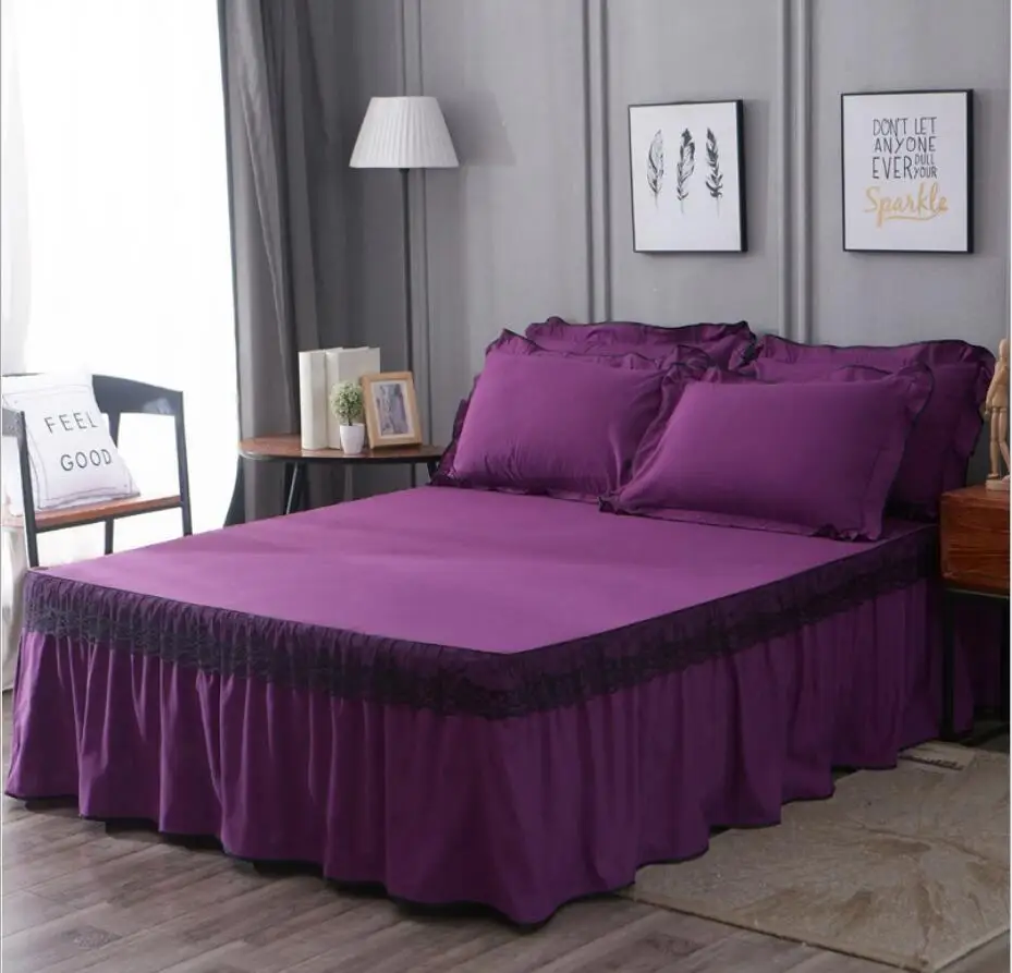 

Purple Lace Bedding Bed Skirt Pillowcase King Queen Size Solid Princess Bedlinen Mattress Cover Filled Sheet Home Decoration