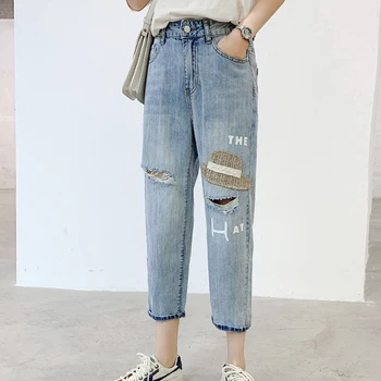 

Vintage Embroidery Denim Jeans High Waist Ripped Hole Harem Jeans Woman Spring Summer Women plus size Jeans Pants