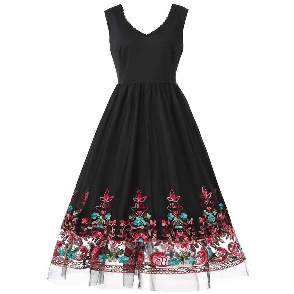 Винтажное платье с вышивкой и кружевной панелью размера плюс, v-образный вырез, 50 s, вечерние платья, женские летние платья, рокабилли - Цвет: Black