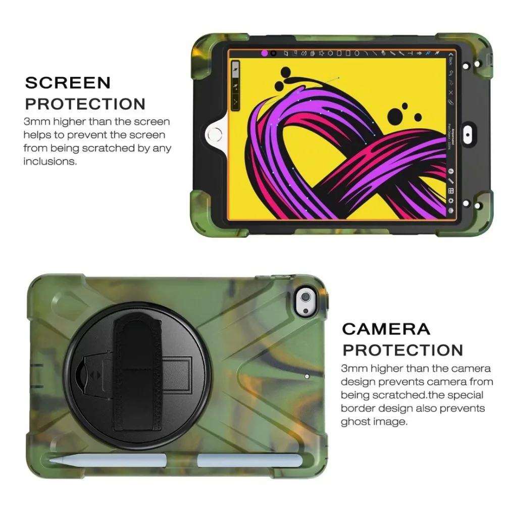 Heavy Duty Case for iPad mini 4 Case Silicon Cover 360 Rotating Shockproof Hand Strap for iPad mini 4 Pencil Holder Kids Cover (2)