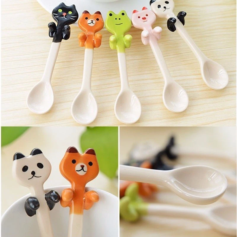 

Kawaii Ceramic Coffee Tea Sauce Spoon Panda Bear Frog Cat Animal Shape Sauce Scoop Stirring Mixing Spoon coffee scoop with clip