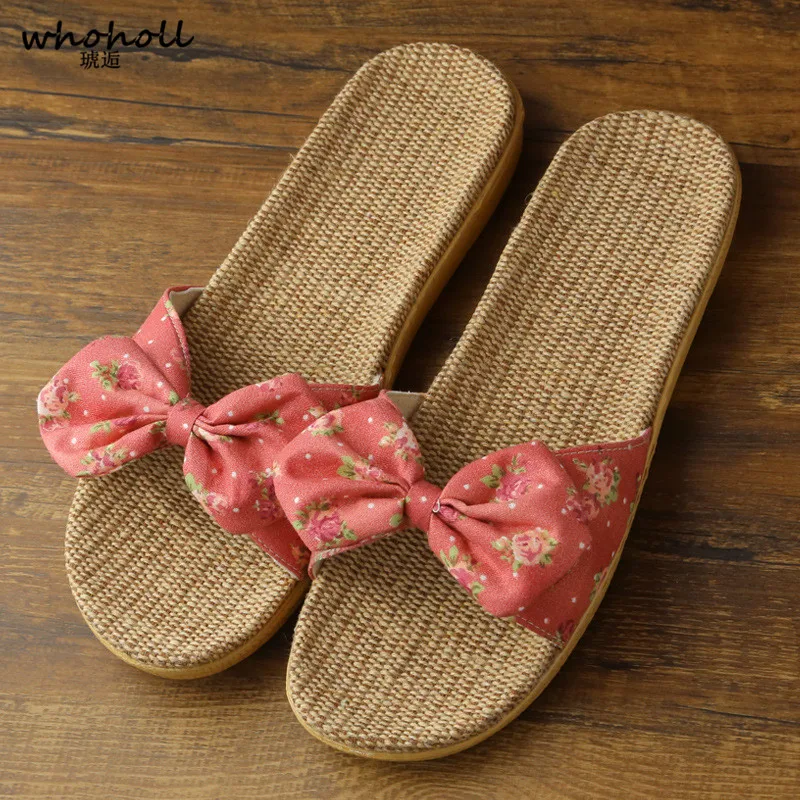 

WHOHOLL New Women Summer Beach Slippers Breathable Linen Flip Flops Female Casual Flax Slippers Sandals Floral Bow Indoor Shoes
