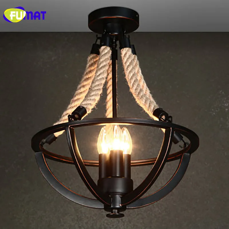 

FUMAT American Country Ceiling Light Rope Simple Vintage Iron Ceiling Lamp Living Room Bedroom Ceiling Light Black 3 Heads