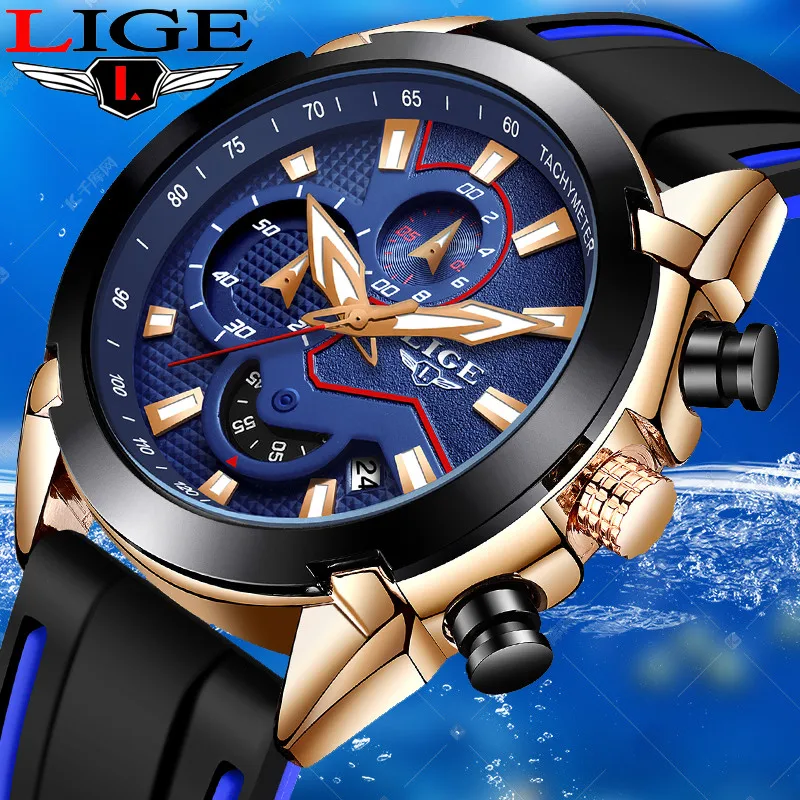 

LIGE Quartz Luxury Silicone Strap Waterproof reloj hombre Sport Fashion Brand Date Chronograph Business Military zegarek meski
