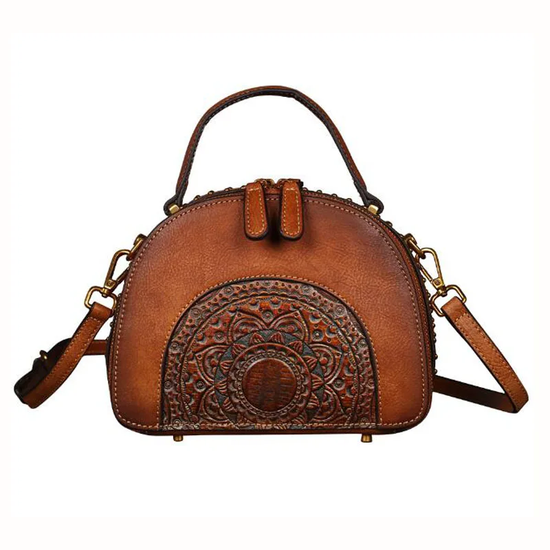 

Genuine Leather Women Bags Cross Body Peony Pattern Handbag Shell Small Embossed Tote Purse Chinese Style Messenger Shoulder Bag