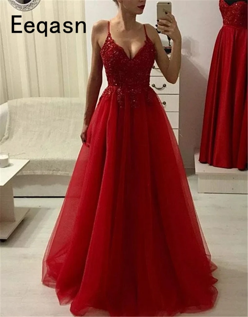 

Cheap Long Evening Dress 2019 Sexy Burgundy Spaghetti Strap Lace Appique V Neck Tulle Special Occasion Gowns Prom Dresses