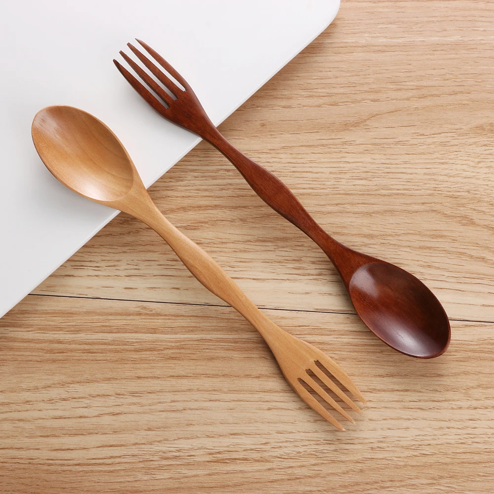 

2 in1 Natural Wooden Cutlery Dual Headed Soup Spoon Fork Dinner Tableware Set Teaspoon DIY Cooking Utensil Kitchen Accessories