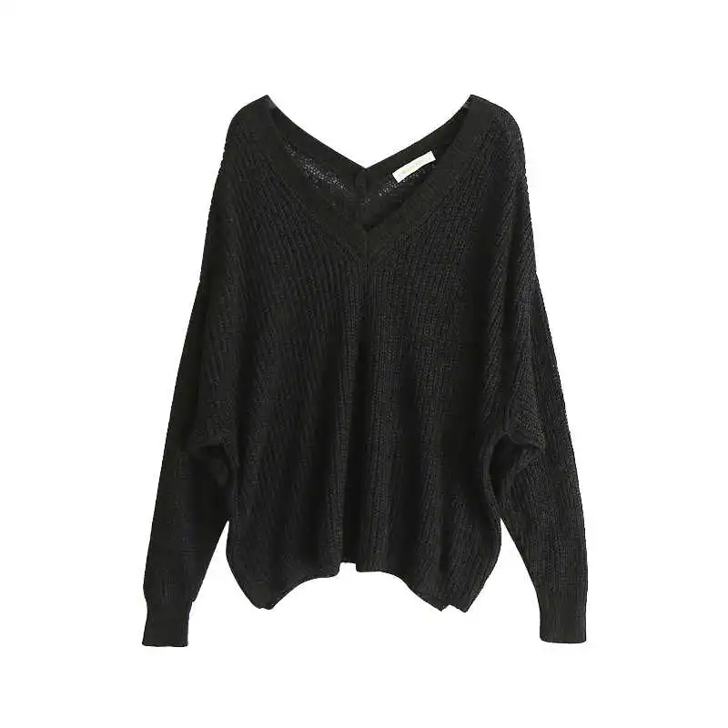 REJINAPYO Женский вязаный свитер в американском стиле больших размеров с двойным v-образным вырезом, повседневные пуловеры, весна, новое поступление - Цвет: Черный