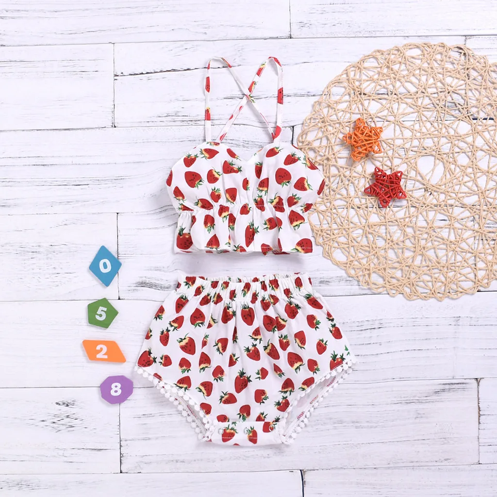 

Summer Cotton Casual Baby Girl Outfit O-Neck Regular Sleeveless Fruit Print Clothes And Shorts Cute Newborn Baby Girl Set