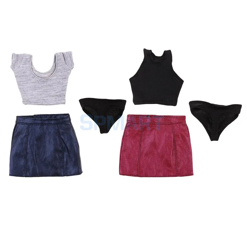 Printed T-shirt /& PU Leather Skirt 1//6 for 12/'/' Female Figure Clothes Accs