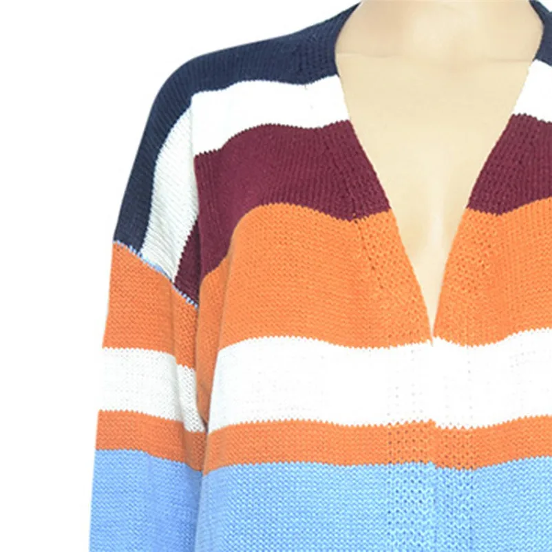 Fashion coats and jackets women winter ladies coats Winter Blouse Patchwork Rainbow Stripes Long Sleeve Cardigan Coat O24#N (3)