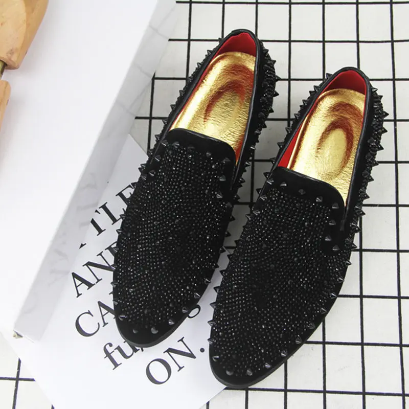 Black Suede Men Party Wedding Ventilation Casual Studded Shoes Sapato Masculino Metal Toe Men'S Flat Loafers Smoking Shoes Black Suede Men Party Wedding Ventilation Casual Studded Shoes Sapato Masculino Metal Toe Men'S Flat Loafers Smoking Shoes