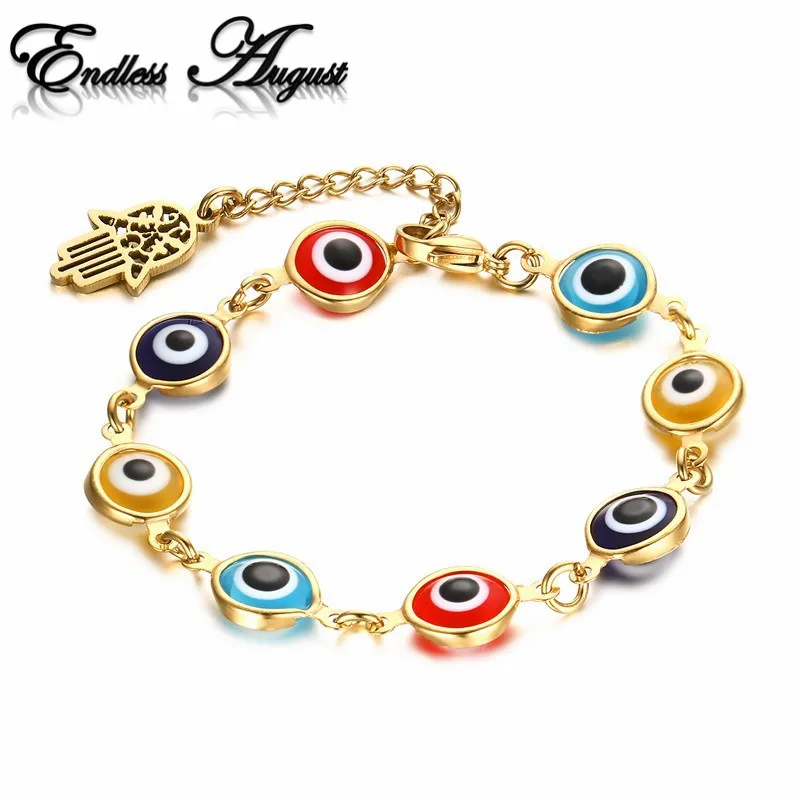 

Endless August 2017 New Stainless Steel Hamsa Fatima Hand Evil Eyes Charm Bead Bracelet Woman Jewelry CZ Bracelets Fashion Gifts