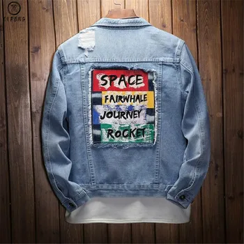 

Men New HipHop Letter printed Ripped Denim Jackets Fashion Slim Fit Men Holes Streetwear motorcycle Casual Jeans Jacket coat