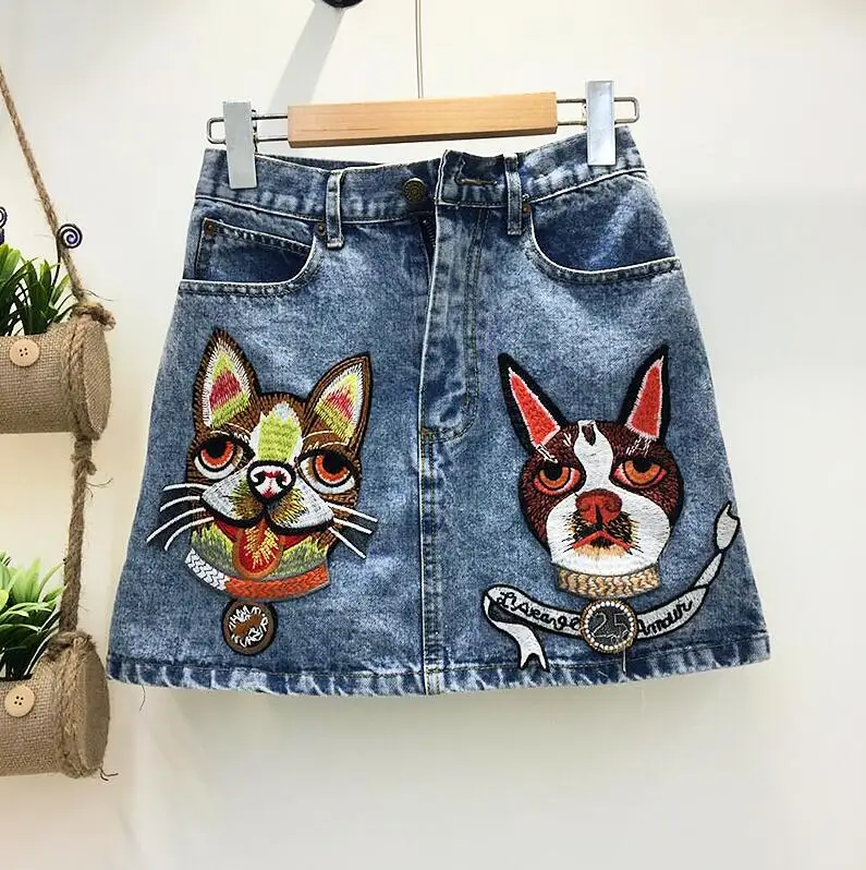

2018 Spring and Summer Women's Cartoon Dog Embroidered Denim Skirt High Waist Girl's Casual Jeans A-line Skirts