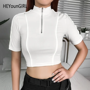 

HEYounGIRL Reflective Stripes Short Sleeve White T Shirt Women Fitness Casual Crop Woman Tshirt Top Turtleneck Zipper T-shirt