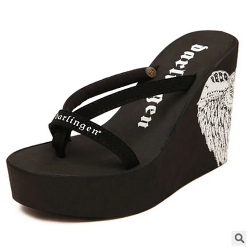High Quality Ladies Summer Shoes Wedge High Heel Slipper Printed Women Beach Shoes Platform Flip Flops